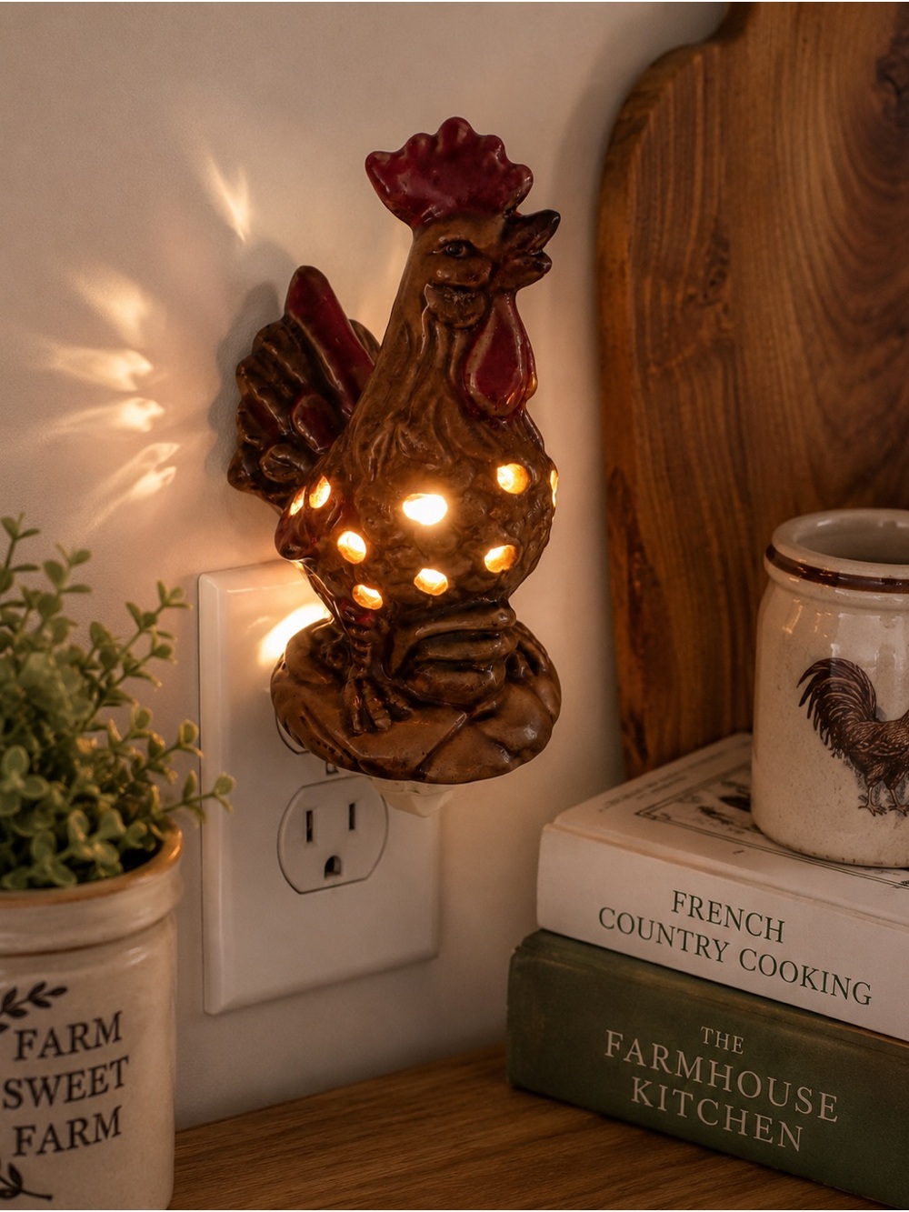 Vintage Apropos Ceramic Rooster Night Light Farmhouse Country Kitchen Decor Rust